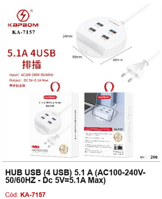 HUB USB (4 USB) 5.1 A (AC100-240V50/60HZ - Dc 5V=5.1A Max) R$ 7,2 PCS/CX:200
