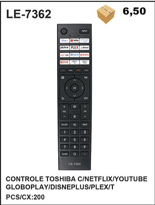 CONTROLE TOSHIBA C/NETFLIX/YOUTUBE GLOBOPLAY/DISNEPLUS/PLEX/T 200pç=6,5$