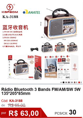 Rádio Bluetooth 3 Bands FM/AM/SW 5W 135*205*85mm R$56,7 PCS/Cx:30