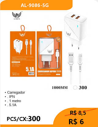 CARREGADOR LIGHTNING PCS/CX:300 R$ 6