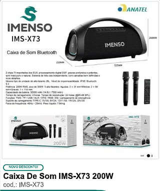 Caixa De Som IMS-X73 200W R$990 1PC/CX