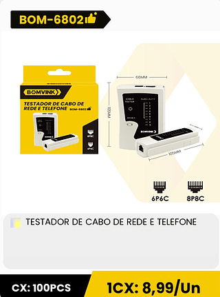 TESTADOR DE CABO DE REDE E TELEFONE CX: 100PCS 1CX: 8,99/Un