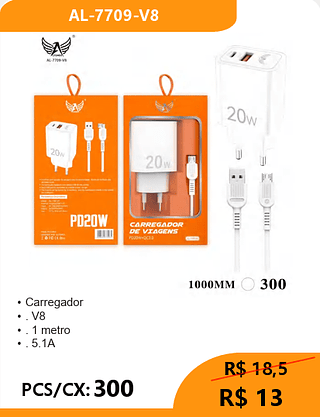 Carregador V8 PCS/CX: 300 R$ 13