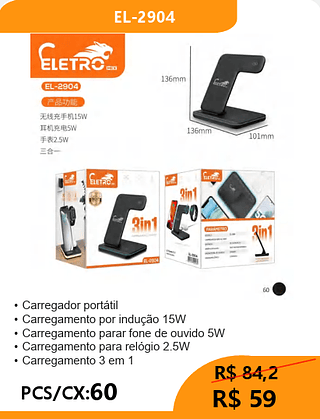 POWER BANK COM INDUÇÃO PCS/CX:60 R$59