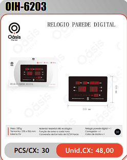 RELOGIO PAREDE DIGITAL PCS/CX: 30 Unid.CX: 48,00