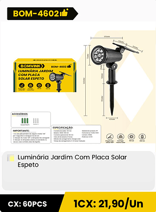 Luminaria Jardim Com Placa Solar Espeto CX: 60PCS 1CX: 21,90/Un