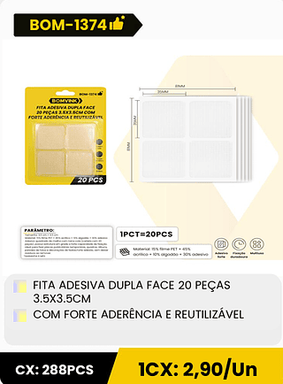 FITA ADESIVA DUPLA FACE 20 PEÇAS 3.5×3.5CM COM FORTE ADERÊNCIA E REUTILIZÁVEL CX: 288PCS 1CX: 2,90/Un