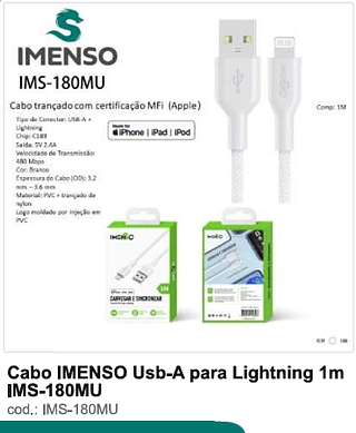 Cabo IMENSO USB-A para Lightning 1m 100PC/CX R$9