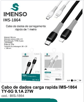 Cabo de dados carga rápida TY-5G 9.1A 27W 200PC/CX R$6,3