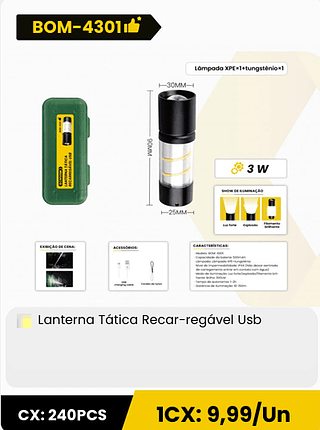 Lanterna Tática Recar-regável Usb CX: 240PCS 1CX: 9,99/Un