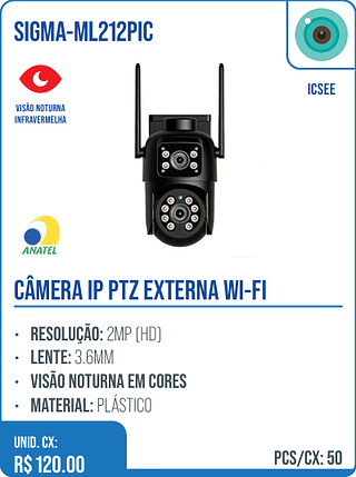 CÂMERA IP PTZ EXTERNA WI-FI UNID. CX: R$ 120.00 PCS/CX: 50
