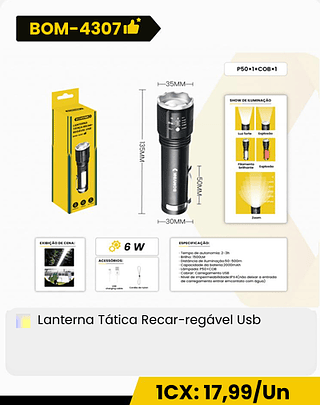 Lanterna Tática Recar-regável Usb CX: 120PCS 1CX: 17,99/Un