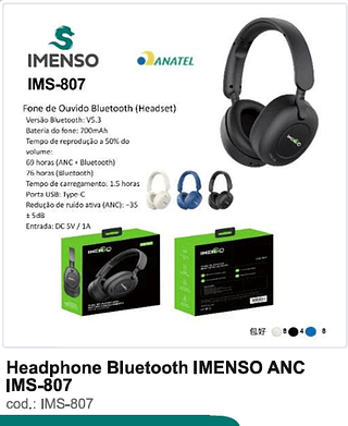 Headphone Bluetooth IMENSO ANC R$ 72 PC/CX 20
