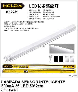 LÂMPADA SENSOR INTELIGENTE 300mA 36 LED 50*2cm R$ 11,7 PC/CX:100