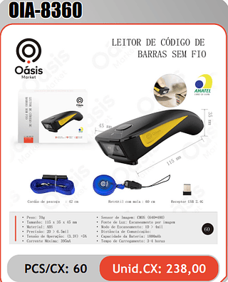 LEITOR DE CODIGO DEBARRAS SEM FIO PCS/CX: 60 Unid.CX: 238,00