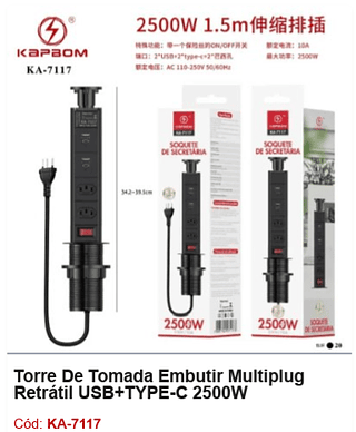 Torre De Tomada Embutir Multiplug Retrátil USB+TYPE-C 2500W R$ 79,2 PCS/Cx:20
