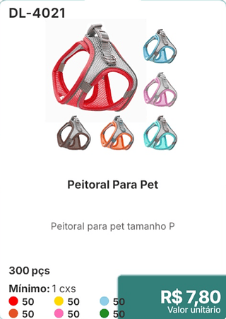 Peitoral Para Pet 300 pçs R$ 7,80