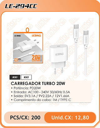 CARREGADOR TURBO 20W 200PÇ=12,8$