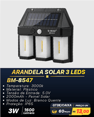 ARANDELA SOLAR 3 LEDS 60PÇS R$13,00