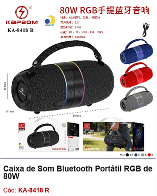 Caixa de Som Bluetooth Portátil RGB de 80W R$76,5 PCS/Cx:30