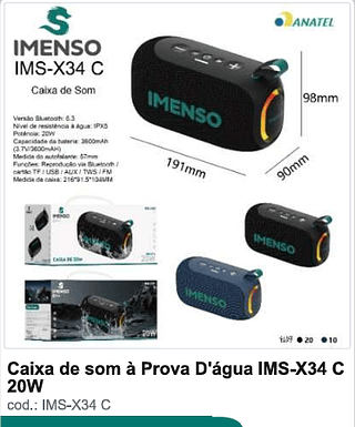 Caixa de som a Prova D'agua 20W R$99 PC/CX 30