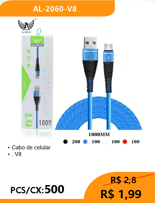 Cabo de celular V8 PCS/CX:500 R$ 1,99