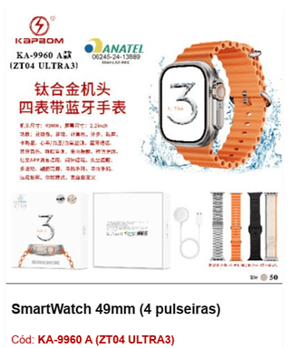 SmartWatch 49mm (4 pulseiras) R$54 PCS/CX:50
