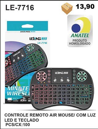 CONTROLE REMOTO AIR MOUSE/ COM LUZ LED E TECLADO 100PÇ=13,9$