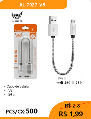Cabo de celular V8 PCS/CX:500 R$ 1,99