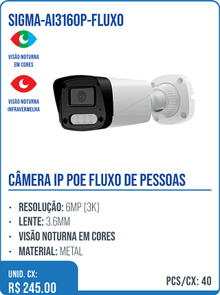 CÂMERA IP POE FLUXO DE PESSOAS UNID. CX: R$ 245.00 PCS/CX: 40