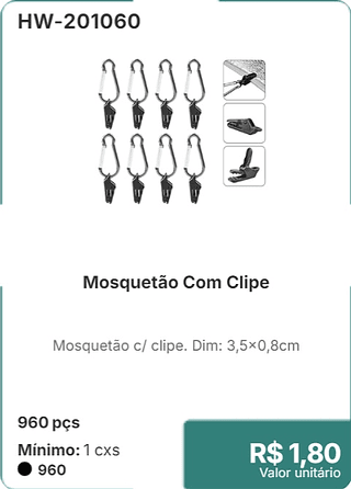 Mosquetão Com Clipe 960 pçs R$ 1,80