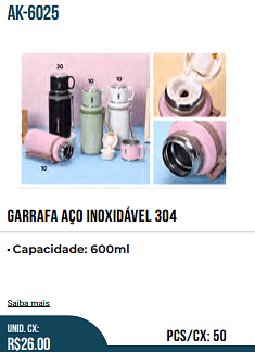 gARRAFA AÇO INOXIDÁVEL 304 UNID. CX: R$ 26.00 PCS/CX: 50