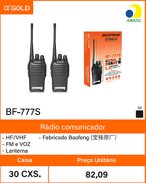 Radio comunicador HF/VHF - Caixa Preco Unitario 30 CXS. 82,09