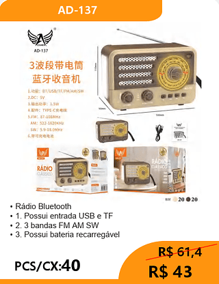 Rádio Bluetooth PCS/CX:40 R$43