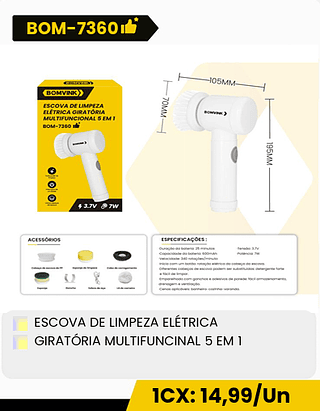 ESCOVA DE LIMPEZA ELÉTRICA GIRATÓRIA MULTIFUNCINAL 5 EM 1 CX: 60PCS 1CX: 14,99/Un