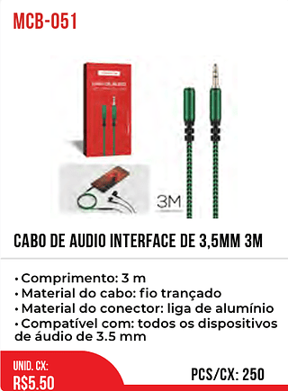 Cabo De Áudio Interface De 3,5mm 3m 250pç=5,5$