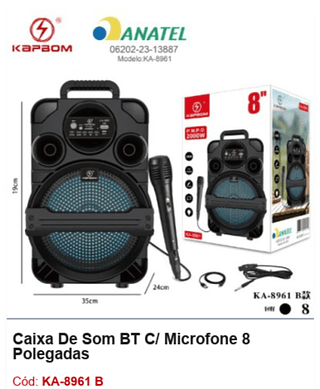 Caixa De Som BT C/ Microfone 8 Polegadas R$162 PCS/CX:8