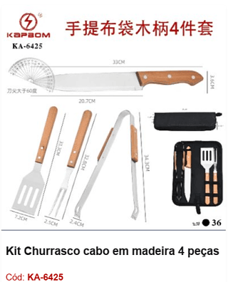 Kit Churrasco cabo em madeira 4 peças R$ 29,7 PCS/CX: 36