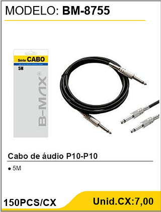 Cabo de áudio P10-P10 150PCS/CX Unid.CX:7,00