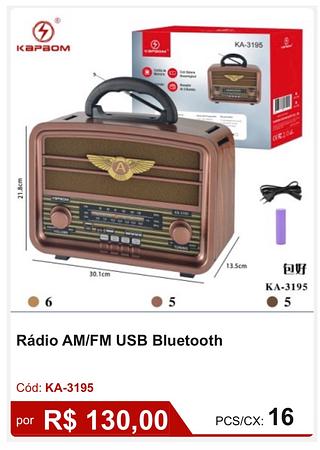 Rádio AM/FM USB Bluetooth R$117 PCS/CX: 16