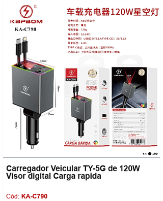 Carregador Veicular TY-5G de 120W Visor digital Carga rapida R$ 34,2 PCS/Cx:100