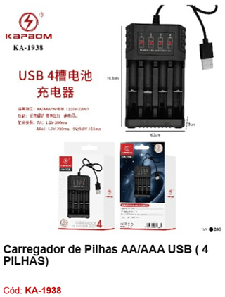 Carregador de Pilhas AA/AAA USB ( 4 PILHAS) R$ 10,8 PCS/CX: 200