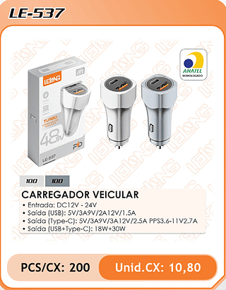 CARREGADOR VEICULAR 200PÇ=10,8$