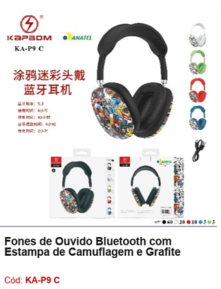 Fones de Ouvido Bluetooth com Estampa de Camuflagem e Grafite R$23,4 PCS/CX:100