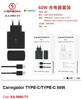 Carregador TYPE-C/TYPE-C 60W R$ 12,15 PCS/Cx:200