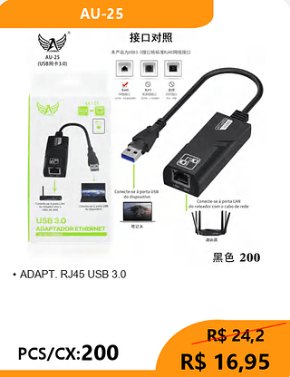 ADAPTADOR RJ45 USB 3.0 PCS/CX:200 R$ 16,95