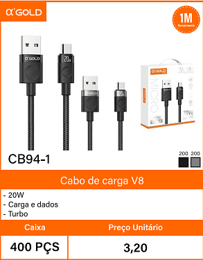 Cabo de carga V8 Caixa 400 PCS Preco Unitario 3,20
