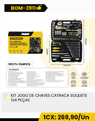 KIT JOGO DE CHAVES CATRACA SOQUETE 124 PEÇAS CX: 3PCS 1CX: 269,90/Un