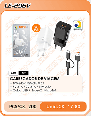 CARREGADOR DE VIAGEM 200PÇ=17,8$