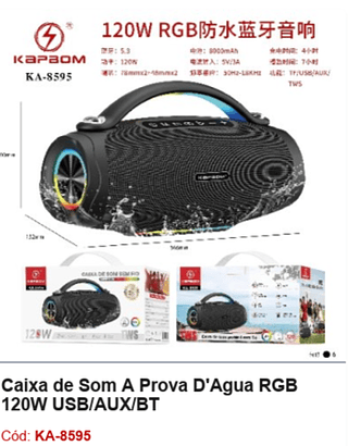 Caixa de Som À Prova D'Água RGB 120W USB/AUX/BT R$288 PCS/CX:6